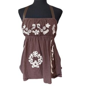 Decree Y2K Embroidered Babydoll Top Womens XL Brown Fairycore Coquette Indie